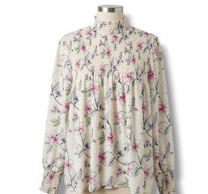 CURE. Womens Large Floral Smocked Mock Neck Blouse Cream Pink Long Sleeve